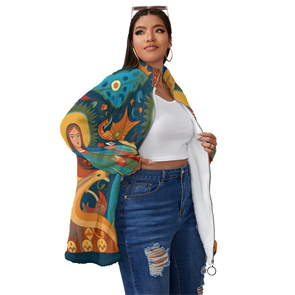 All-Over Print Unisex Borg Fleece Stand-up Collar Coat With Zipper Closure(Plus Size)