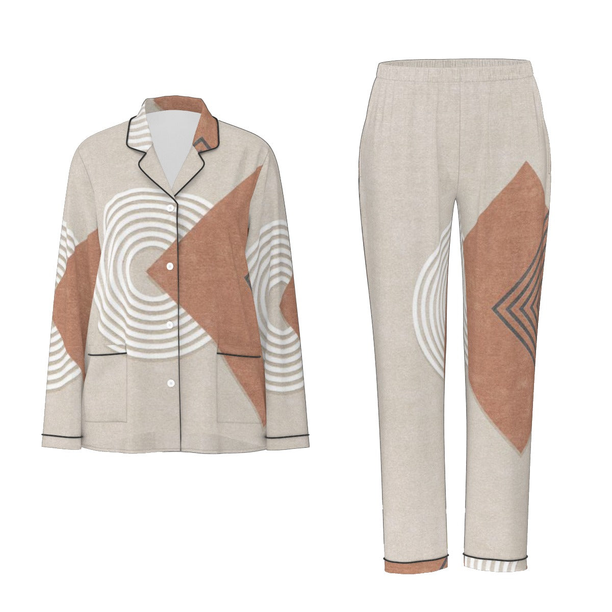 All-Over Print Women's Long Sleeve Pajama Set With Black Contrast Piping