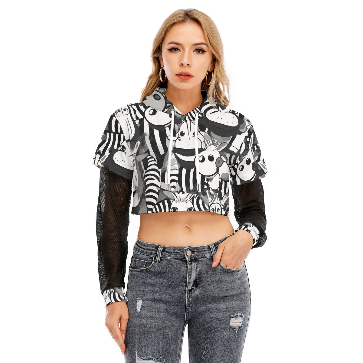 All-Over Print Women's Fake Two-piece Mesh Sleeve Cropped Hoodie