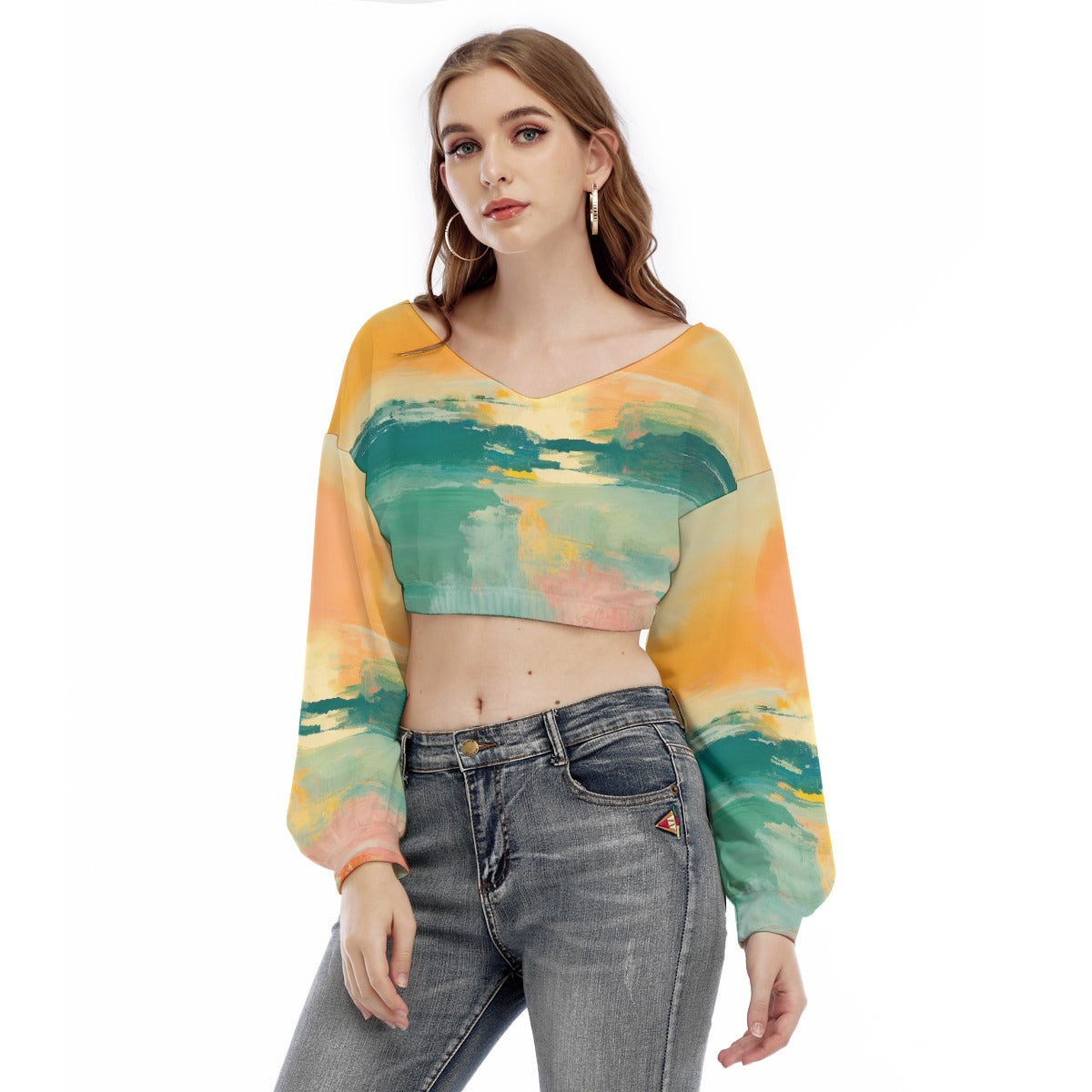 All-Over Print Women's V-neck Long Sleeve Cropped Sweatshirt