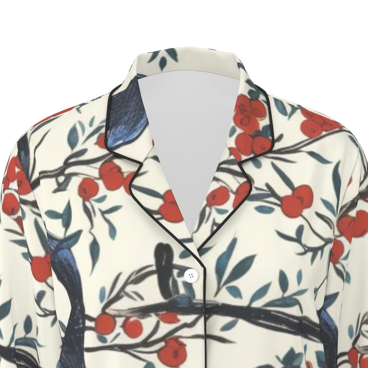 All-Over Print Women's Long Sleeve Pajama Set With Black Contrast Piping