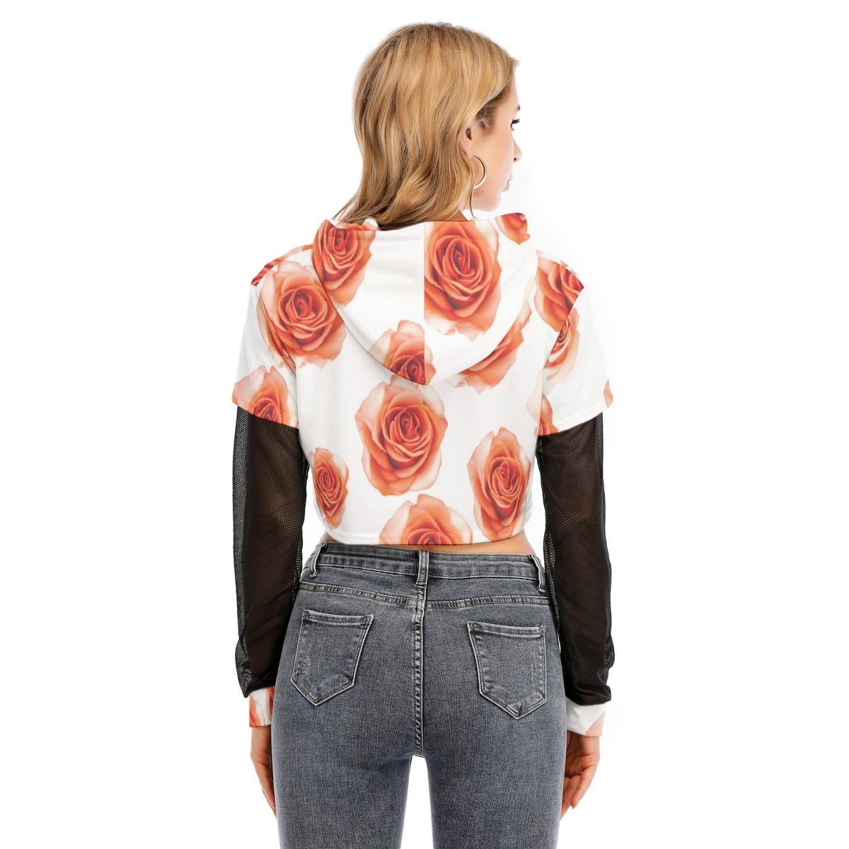 All-Over Print Women's Fake Two-piece Mesh Sleeve Cropped Hoodie