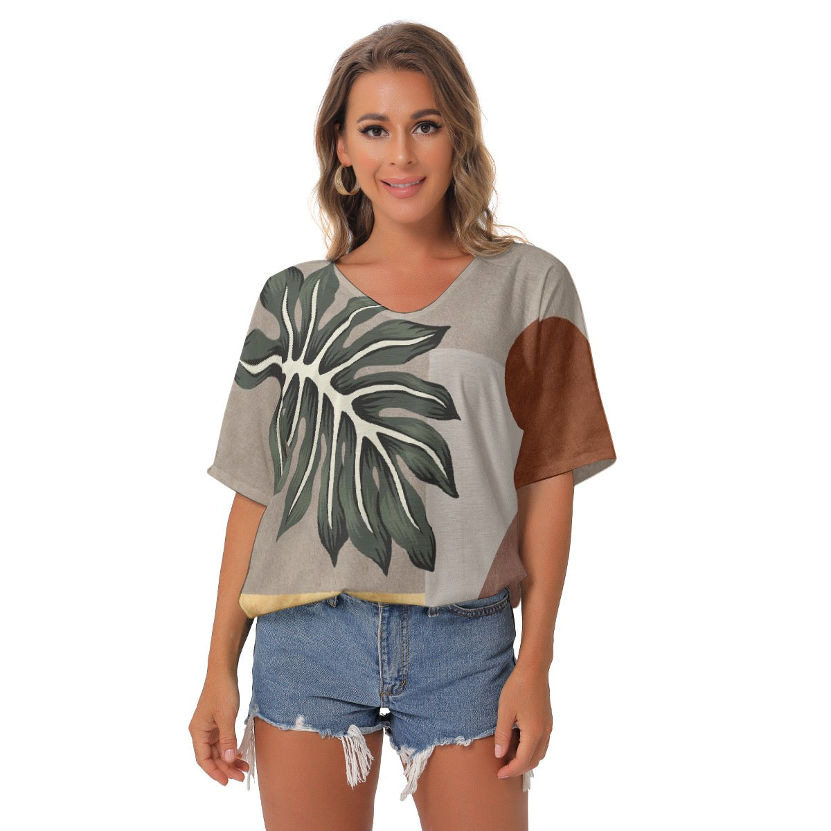 All-Over Print Women's Bat Sleeves V-Neck Blouse