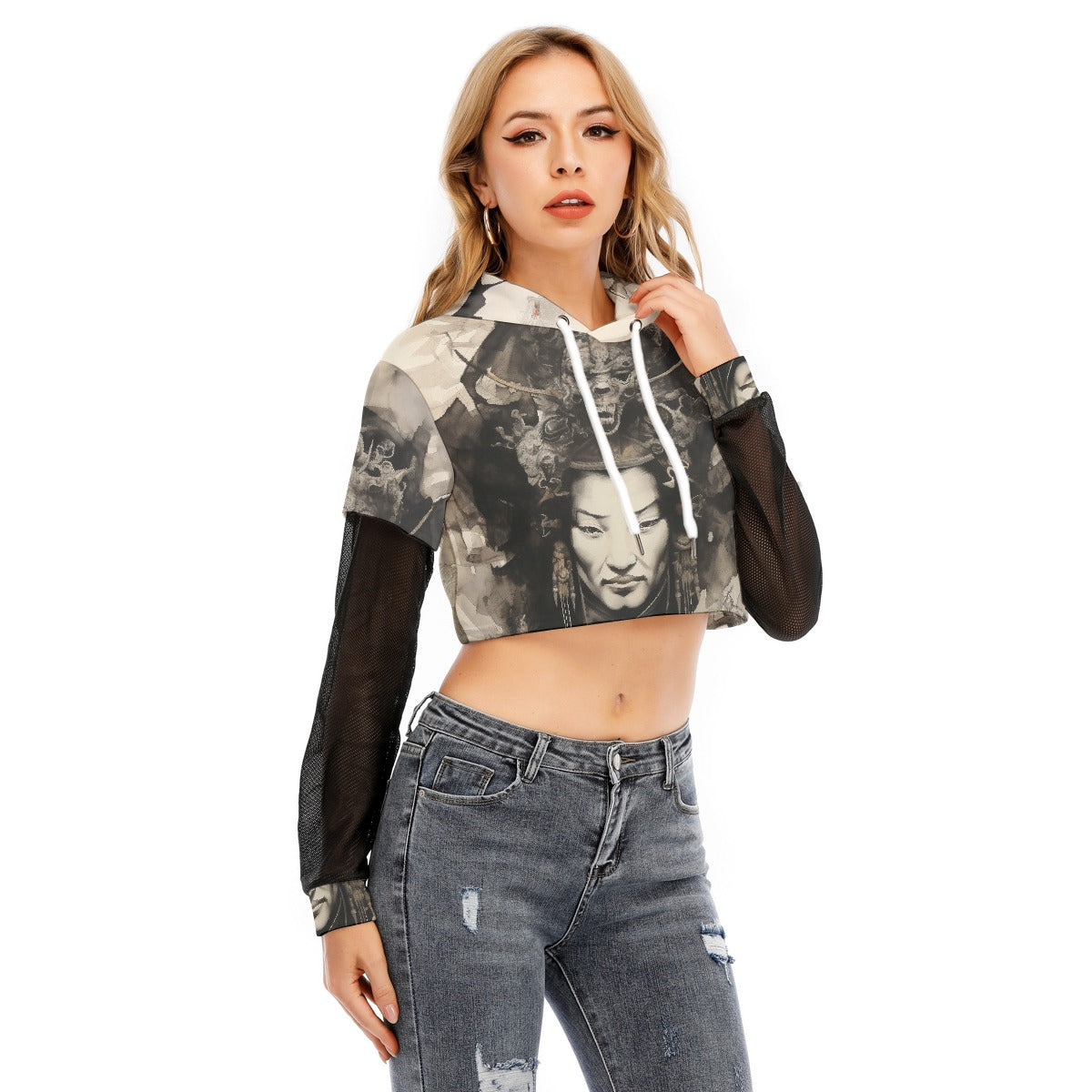 All-Over Print Women's Fake Two-piece Mesh Sleeve Cropped Hoodie