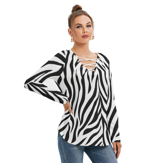 All-Over Print Women's Long Sleeve Neckline Tie Sweatshirt