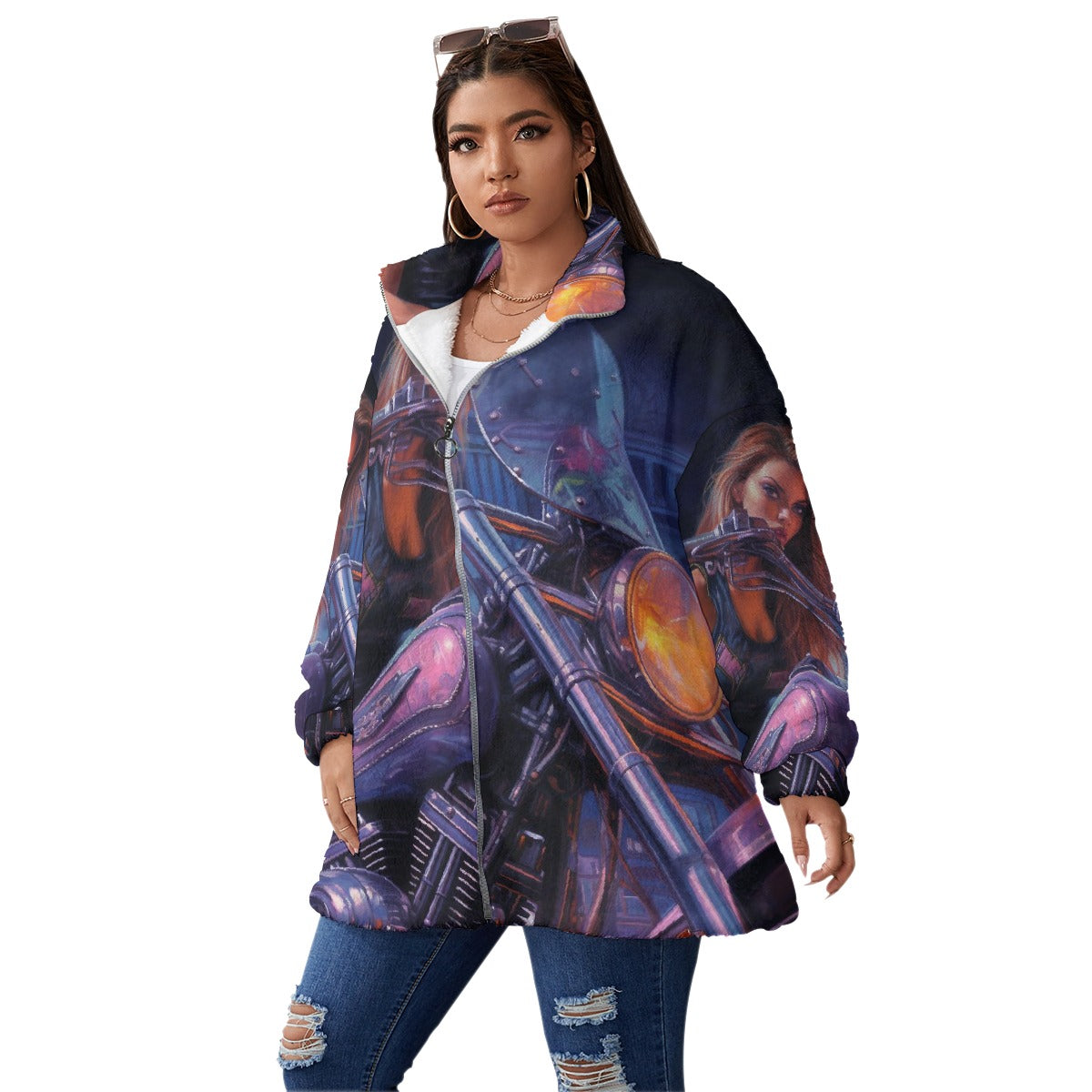 All-Over Print Unisex Borg Fleece Stand-up Collar Coat With Zipper Closure(Plus Size)