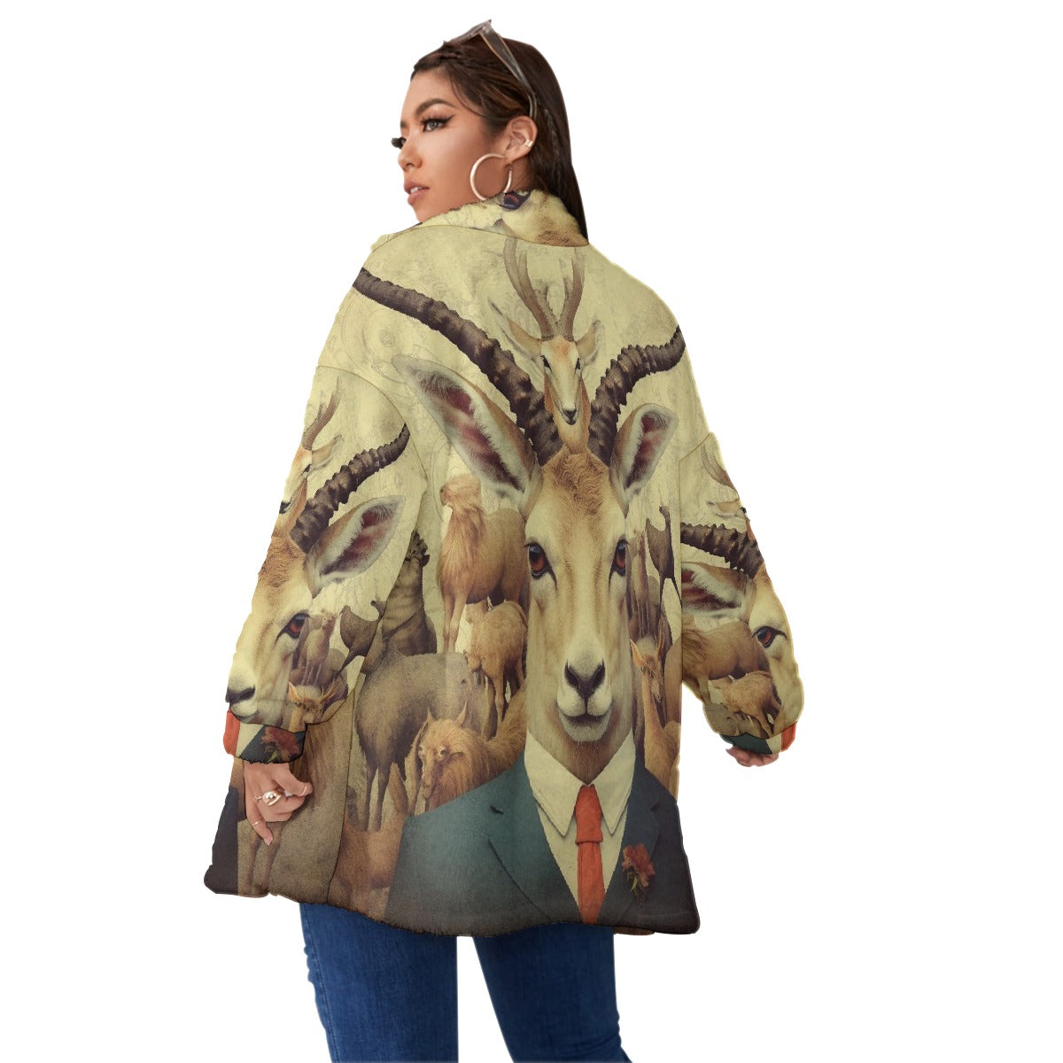 All-Over Print Unisex Borg Fleece Stand-up Collar Coat With Zipper Closure(Plus Size)