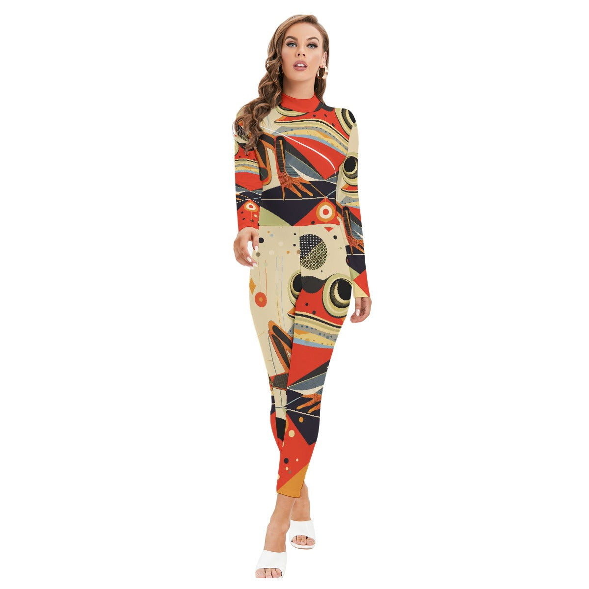 All-Over Print Women's Long-sleeved High-neck Jumpsuit With Zipper