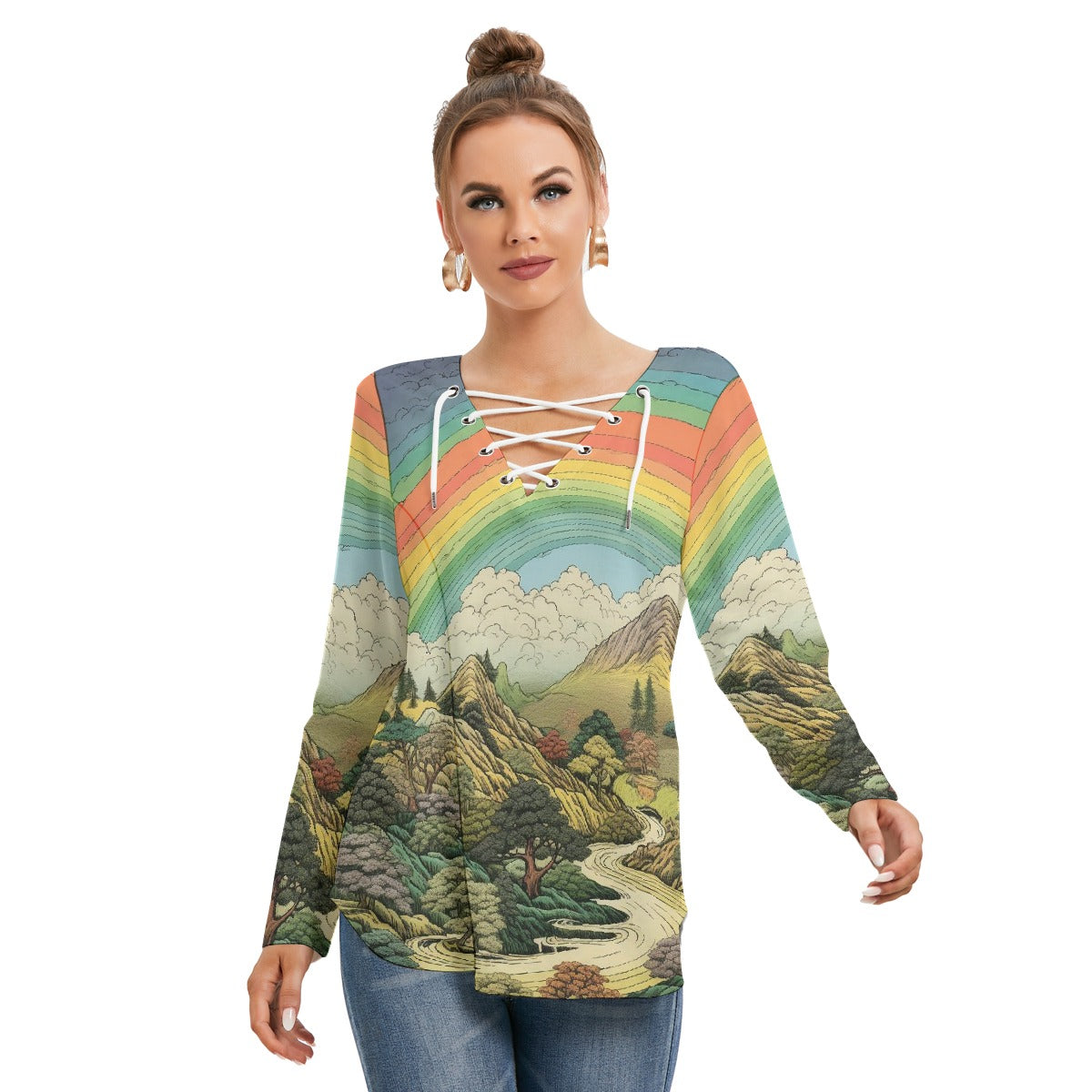 All-Over Print Women's Long Sleeve Neckline Tie Sweatshirt