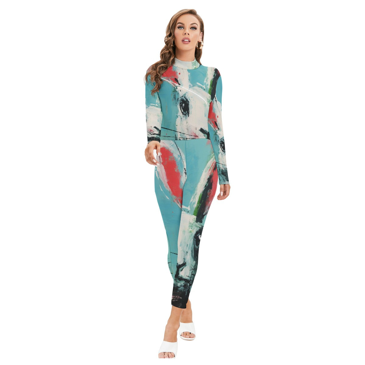All-Over Print Women's Long-sleeved High-neck Jumpsuit With Zipper