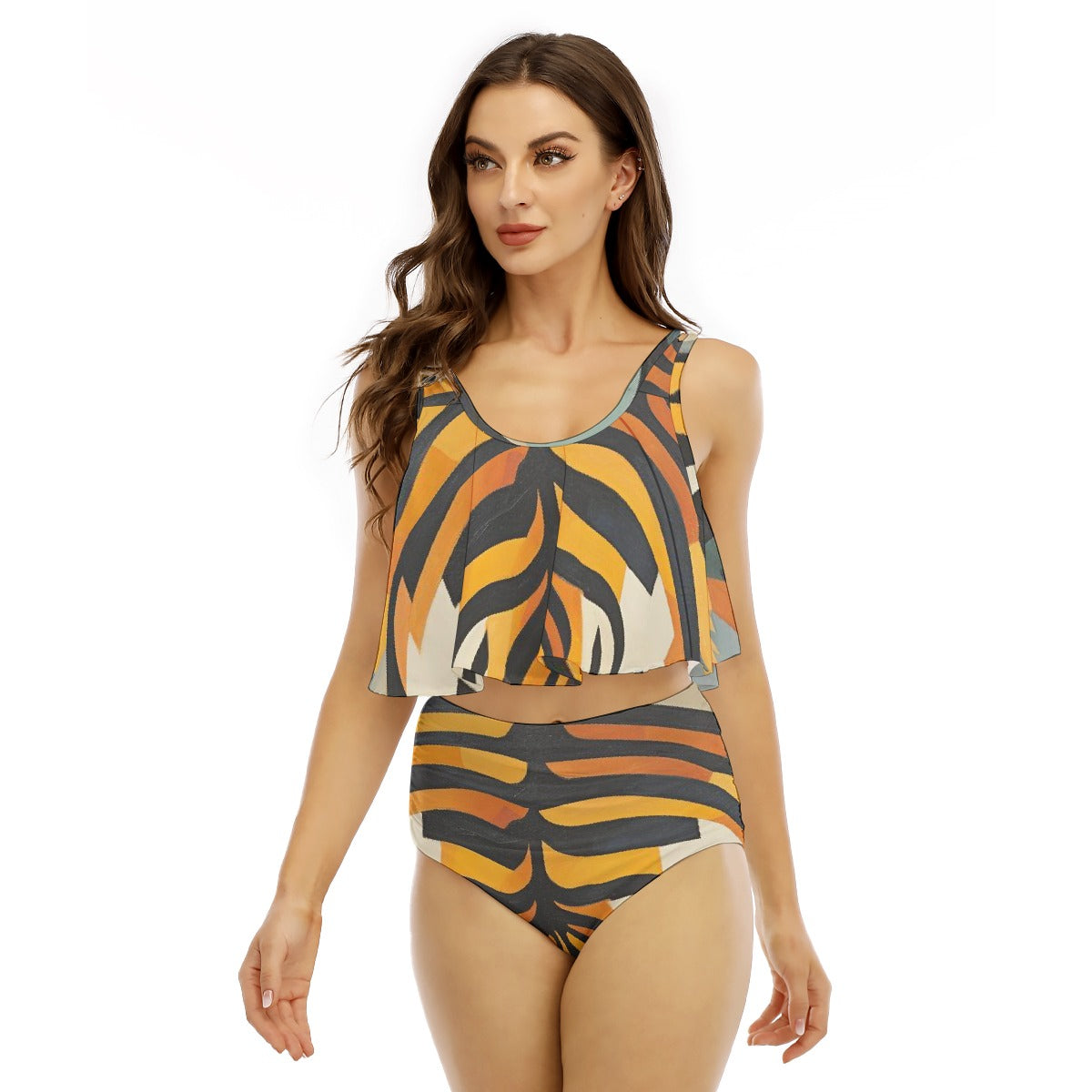 All-Over Print Women's Ruffled Vest Bikini Swimsuit