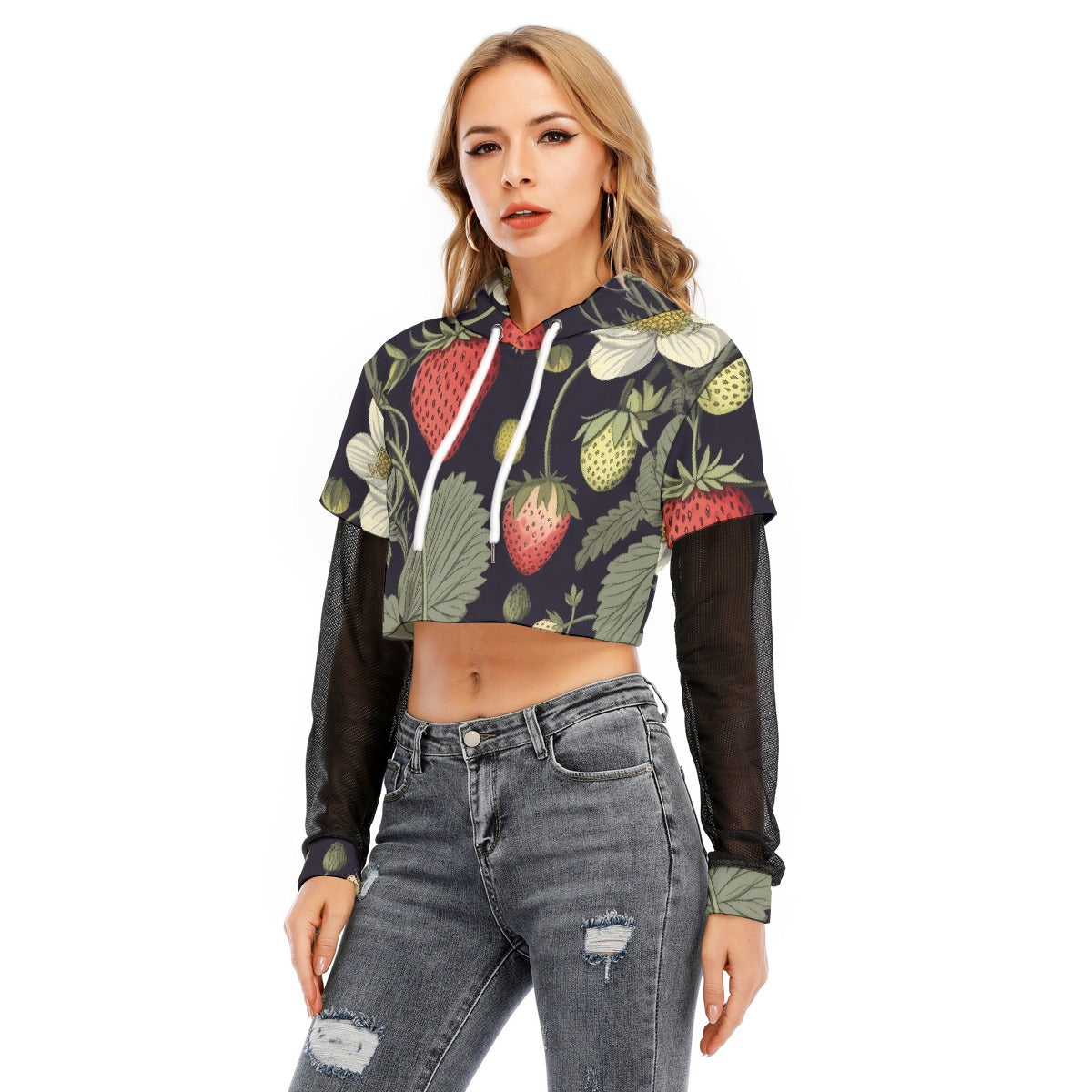 All-Over Print Women's Fake Two-piece Mesh Sleeve Cropped Hoodie