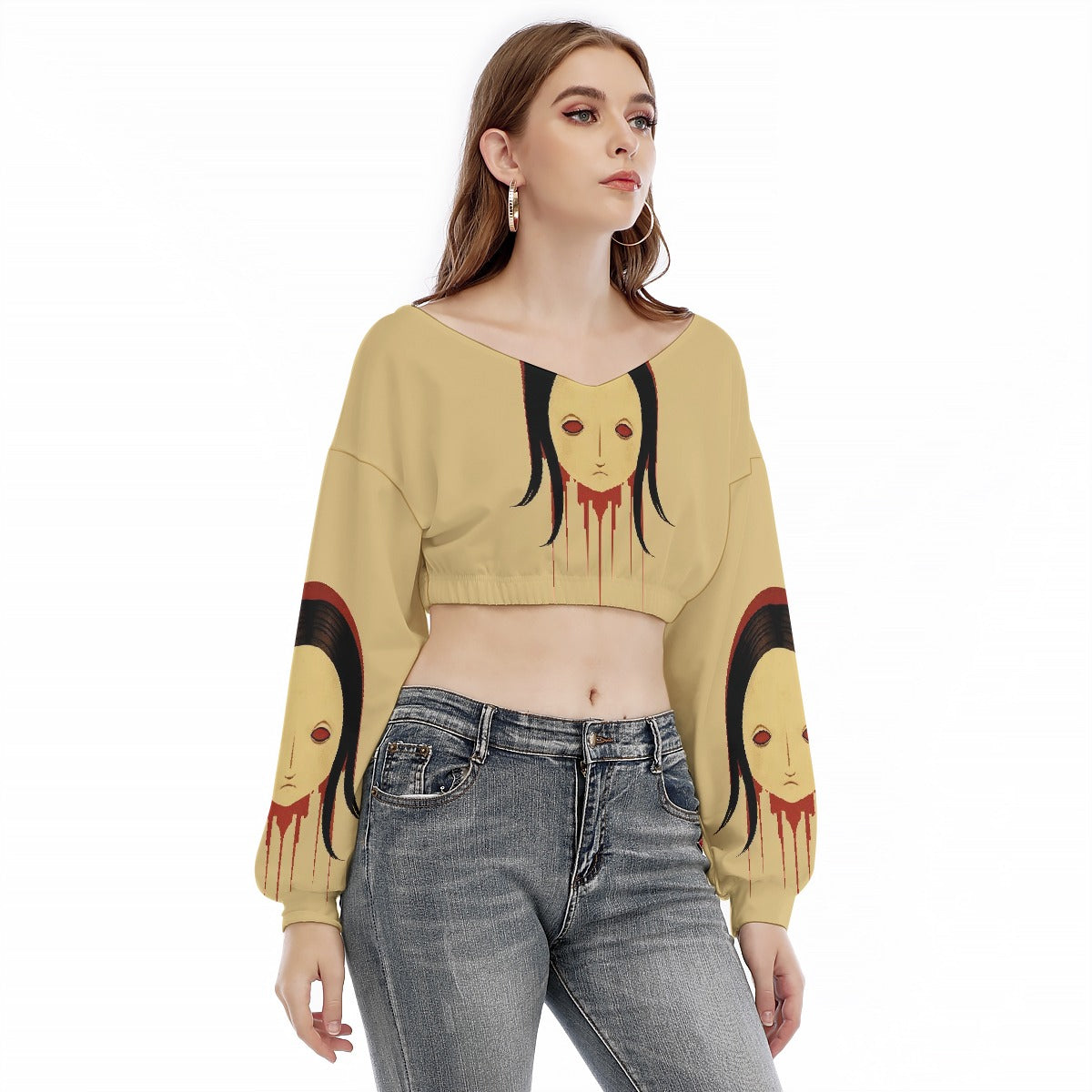 All-Over Print Women's V-neck Long Sleeve Cropped Sweatshirt