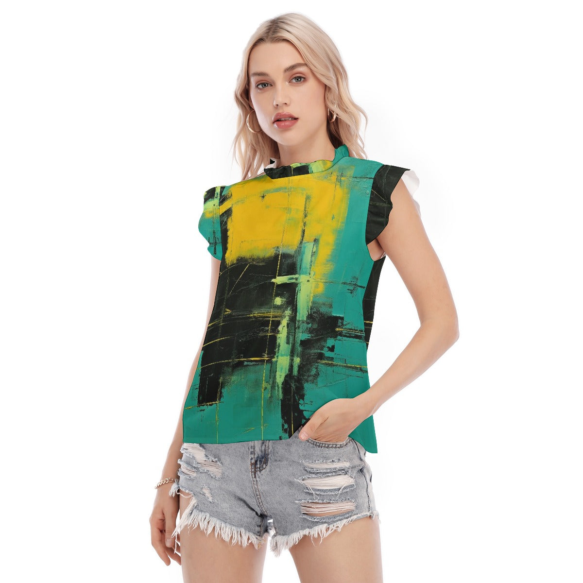 All-Over Print Women's Blouse With Ruffle Collar And Sleeve