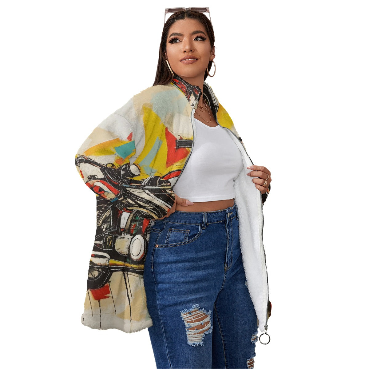 All-Over Print Unisex Borg Fleece Stand-up Collar Coat With Zipper Closure(Plus Size)