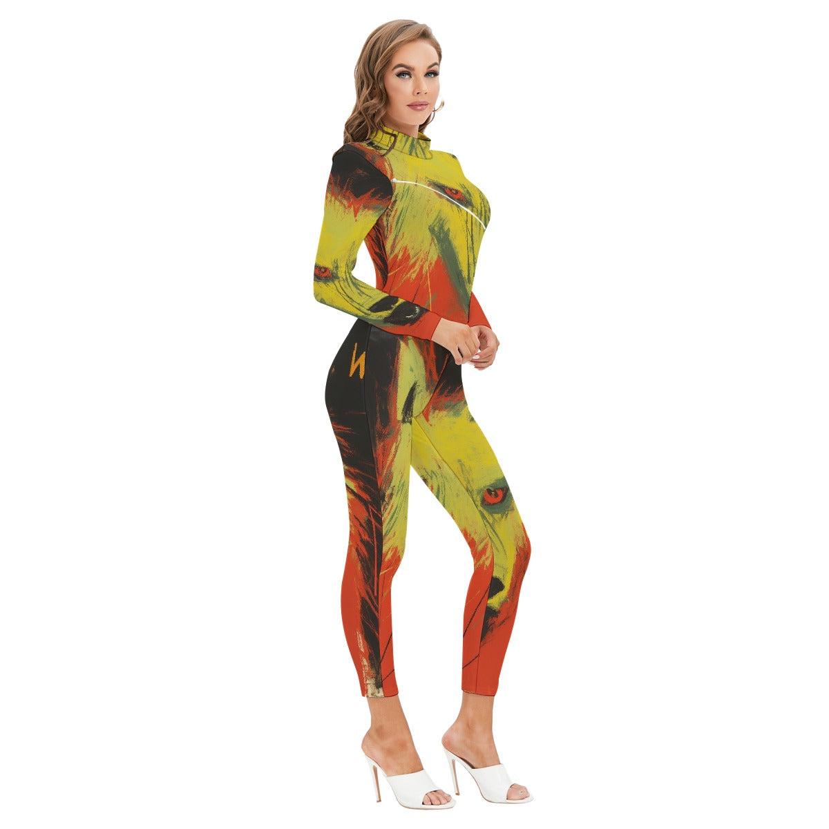 All-Over Print Women's Long-sleeved High-neck Jumpsuit With Zipper