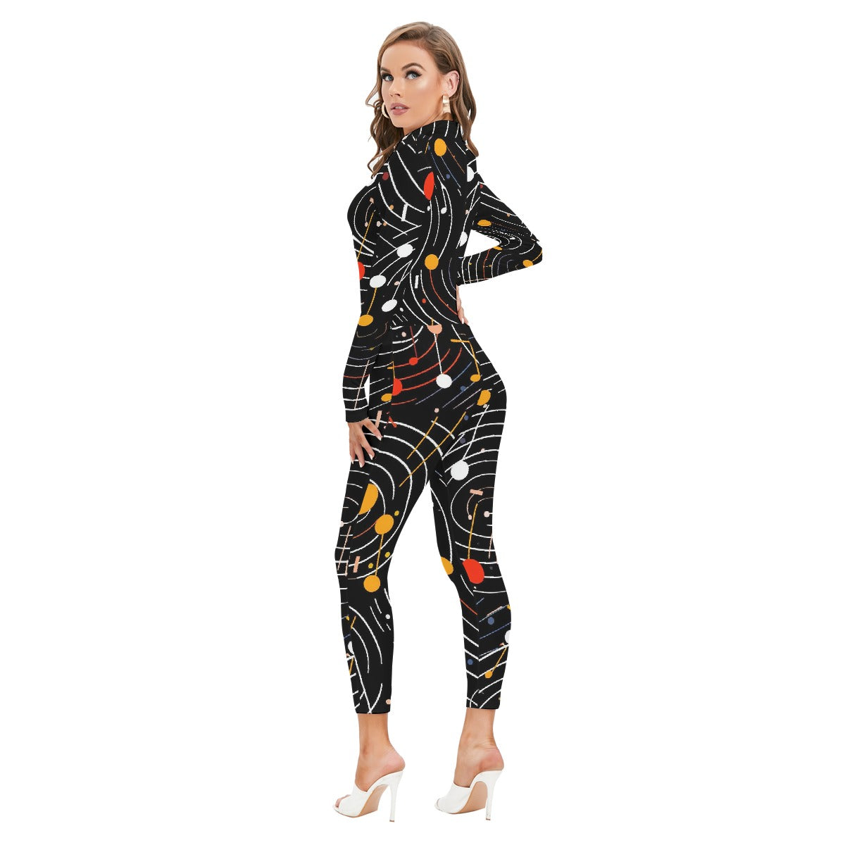 All-Over Print Women's Long-sleeved High-neck Jumpsuit With Zipper