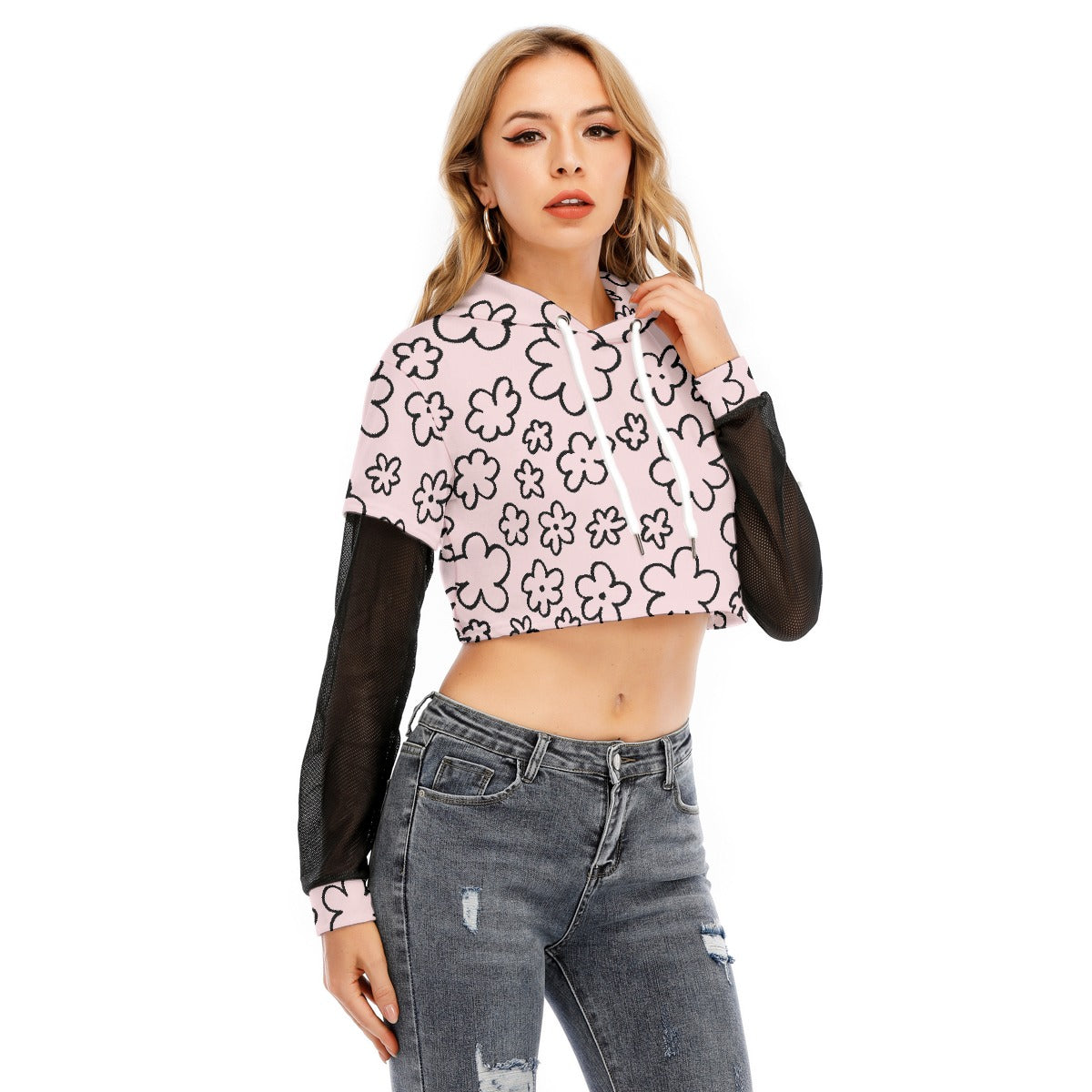 All-Over Print Women's Fake Two-piece Mesh Sleeve Cropped Hoodie