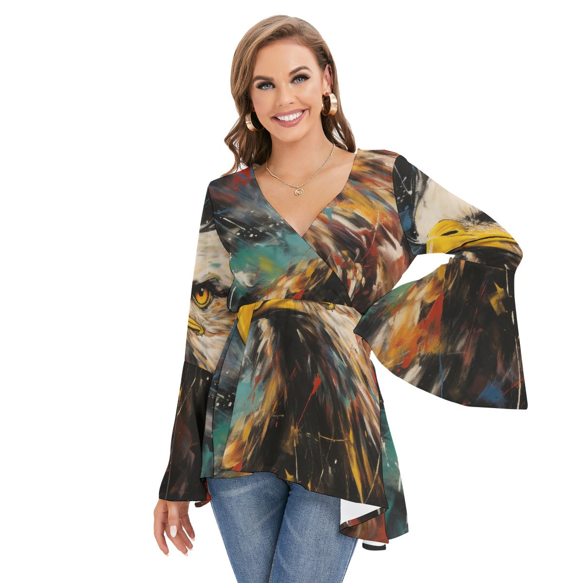 All-Over Print Women's V-neck Blouse With Flared Sleeves
