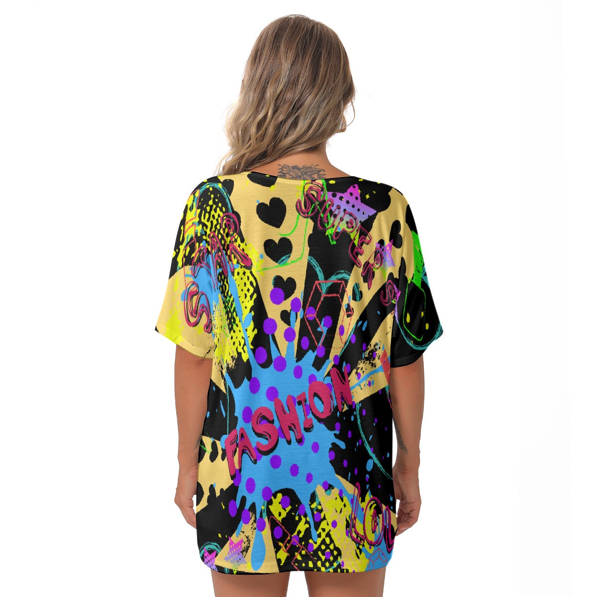All-Over Print Women's Bat Sleeves V-Neck Blouse
