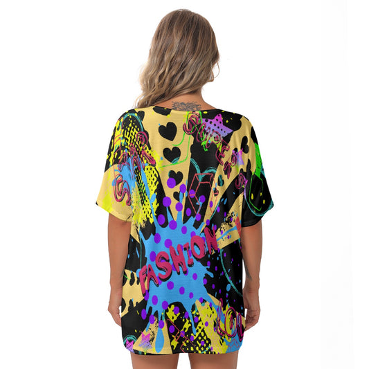 All-Over Print Women's Bat Sleeves V-Neck Blouse