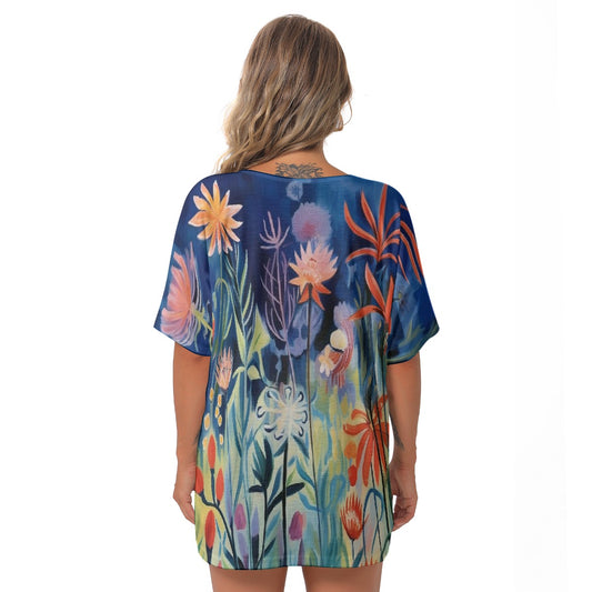 All-Over Print Women's Bat Sleeves V-Neck Blouse