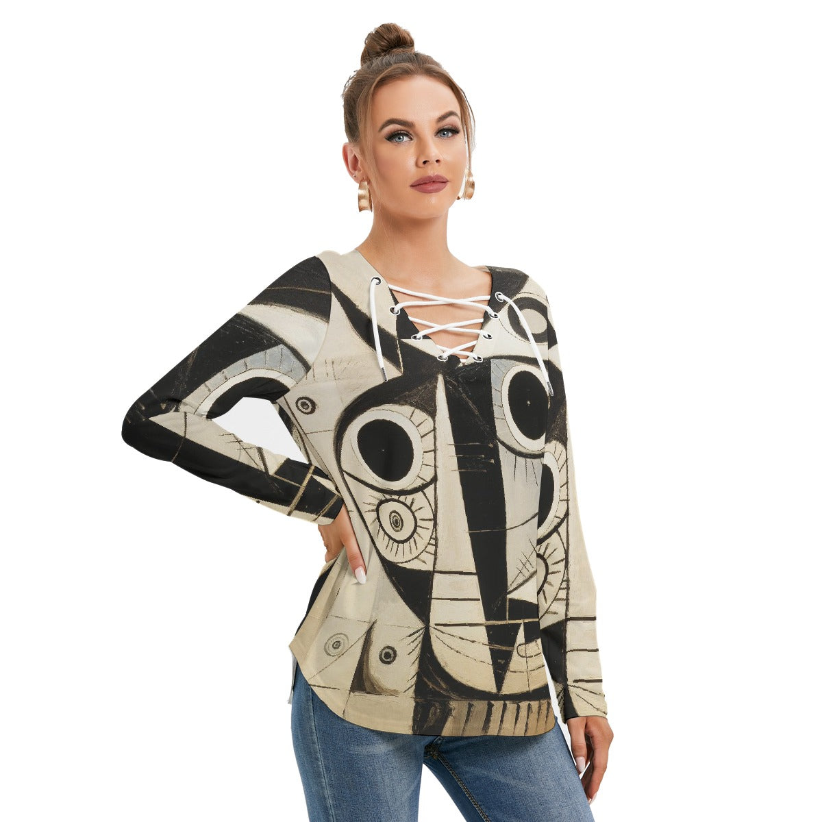 All-Over Print Women's Long Sleeve Neckline Tie Sweatshirt