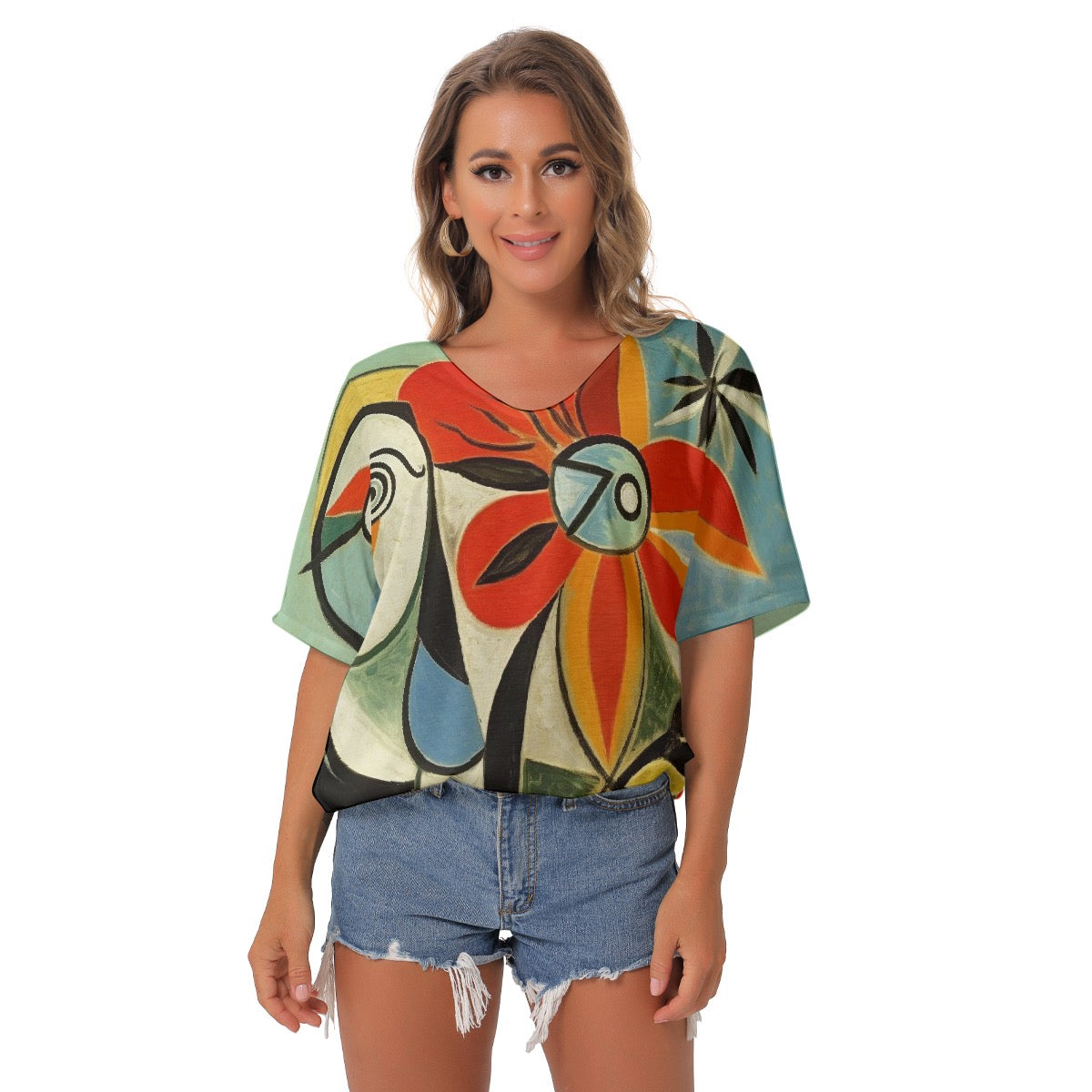 All-Over Print Women's Bat Sleeves V-Neck Blouse
