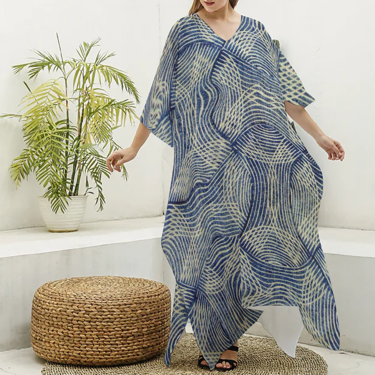 All-Over Print Women's Imitation Silk V-neck Kaftan Robe