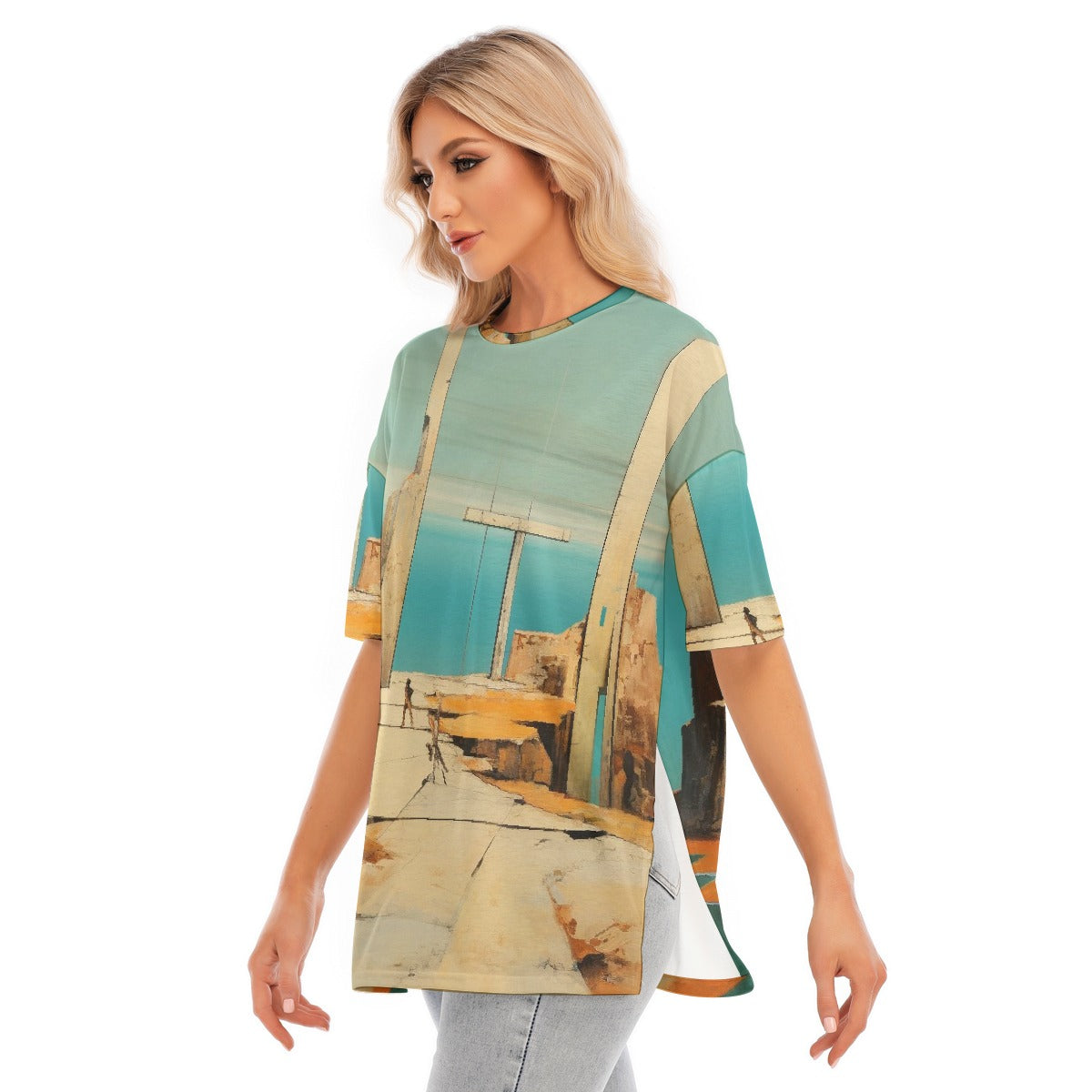 All-Over Print Women's Short Sleeves T-shirt With Hem Split