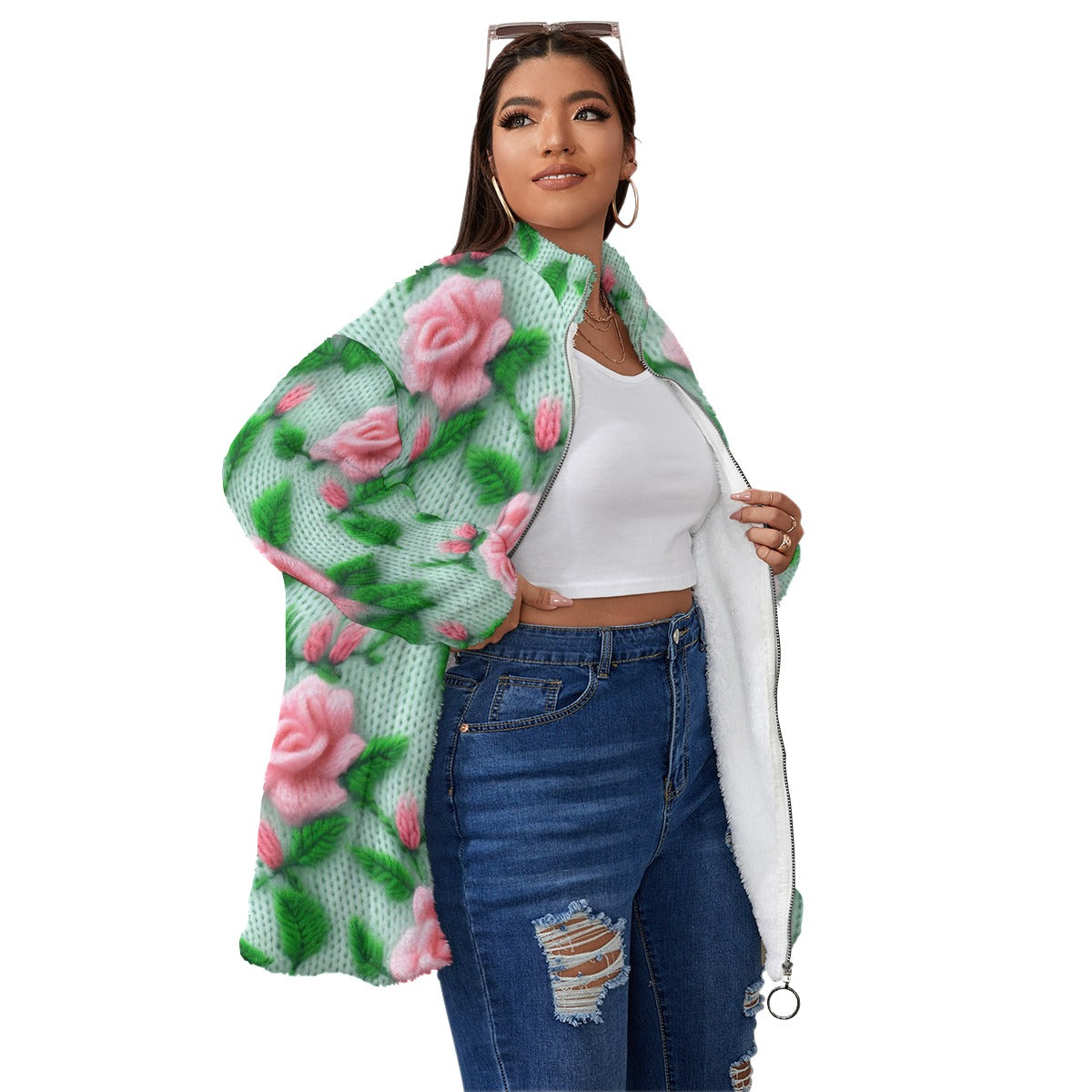 All-Over Print Unisex Borg Fleece Stand-up Collar Coat With Zipper Closure(Plus Size)