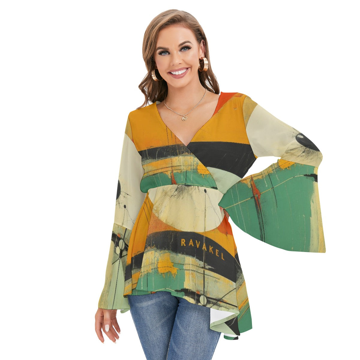 All-Over Print Women's V-neck Blouse With Flared Sleeves