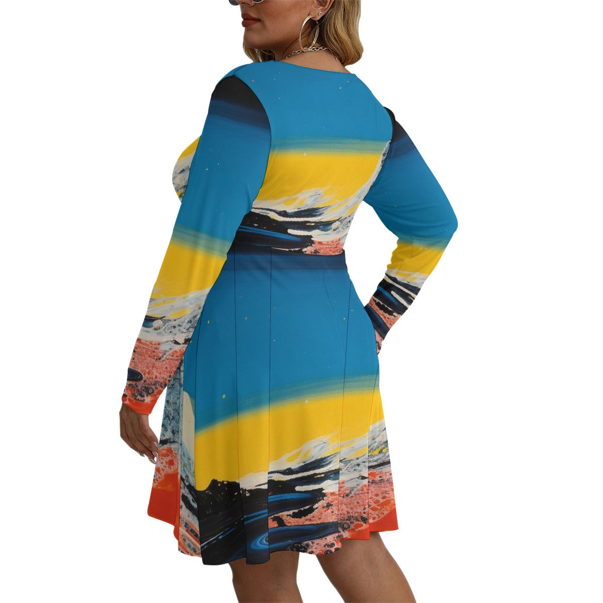 All-Over Print Women's V-neck Long Sleeve Dress(Plus Size)