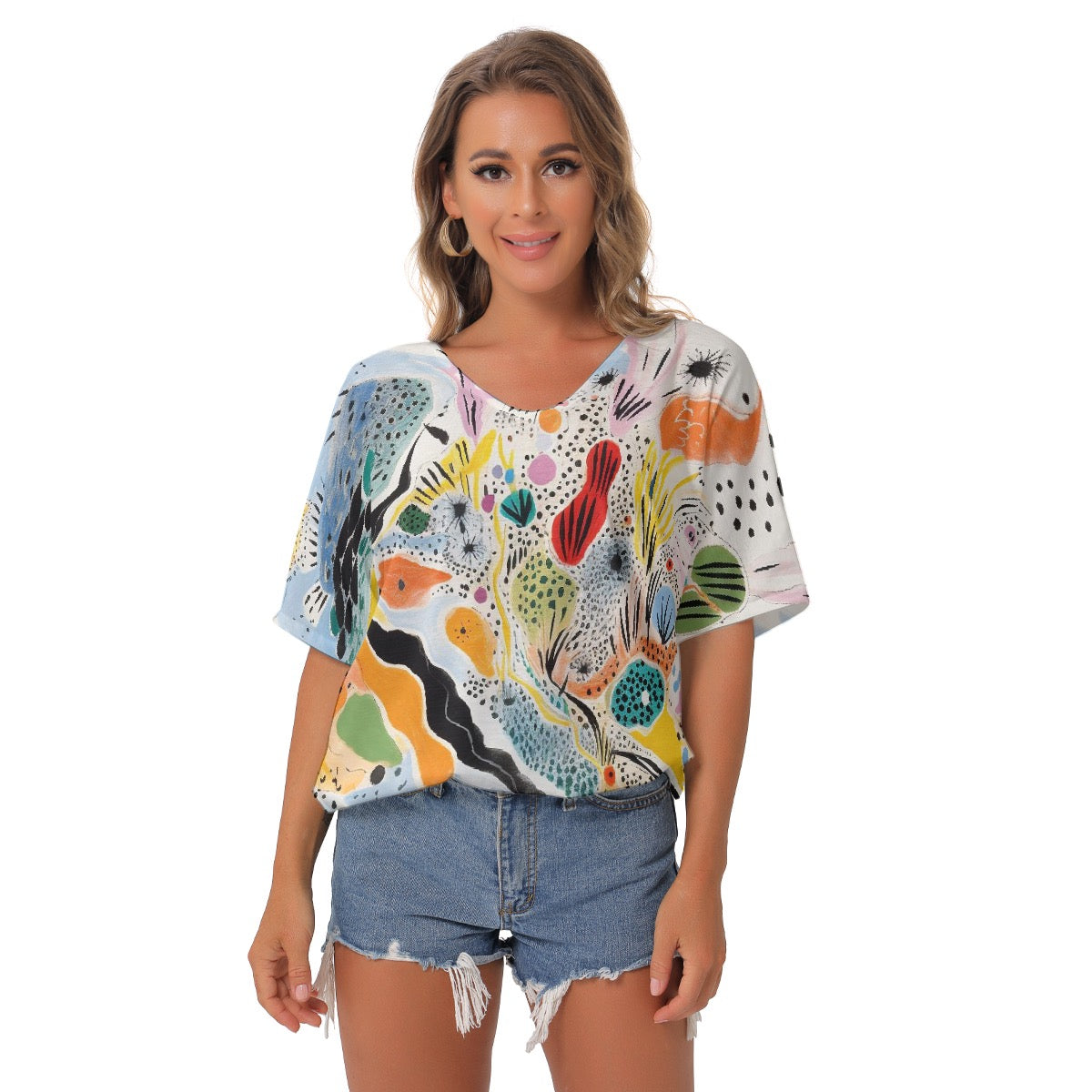 All-Over Print Women's Bat Sleeves V-Neck Blouse