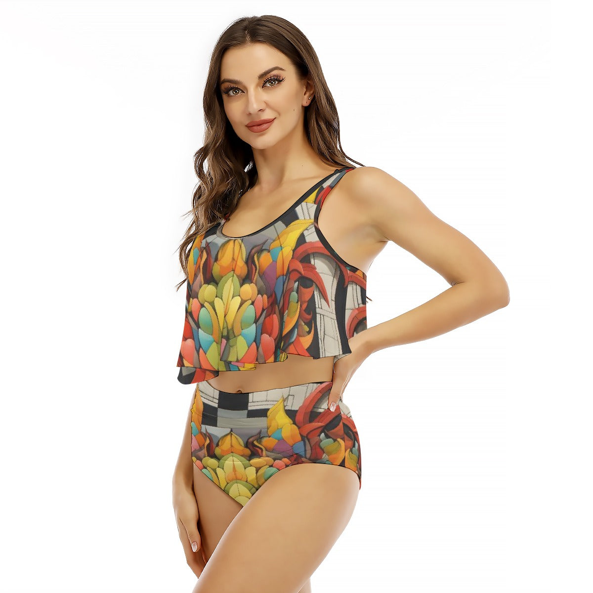 All-Over Print Women's Ruffled Vest Bikini Swimsuit