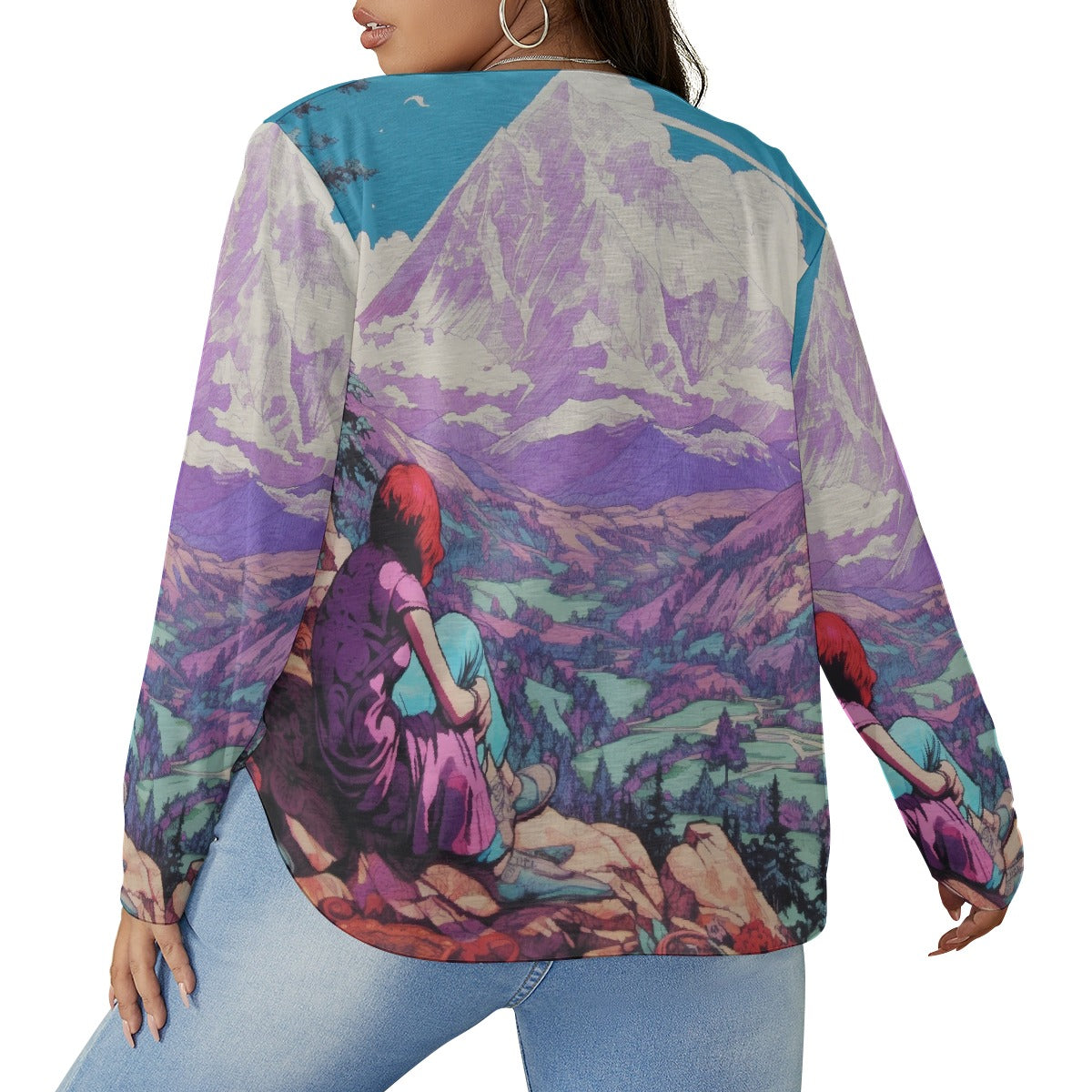 All-Over Print Women's V-neck T-shirt With Curved Hem(Plus Size)