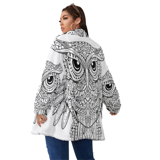 All-Over Print Unisex Borg Fleece Stand-up Collar Coat With Zipper Closure(Plus Size)