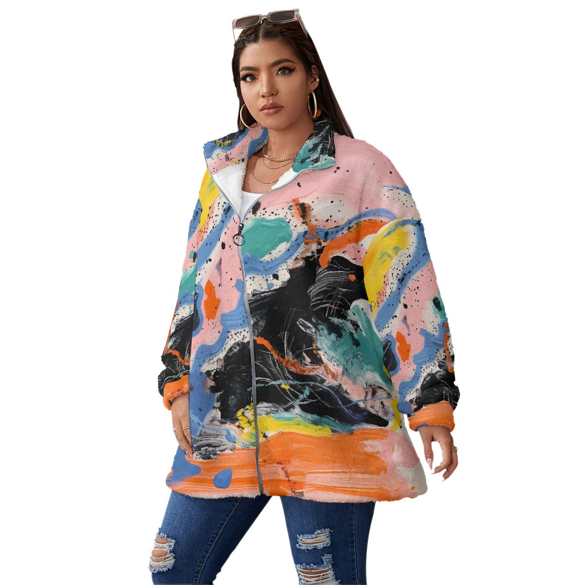 All-Over Print Unisex Borg Fleece Stand-up Collar Coat With Zipper Closure(Plus Size)