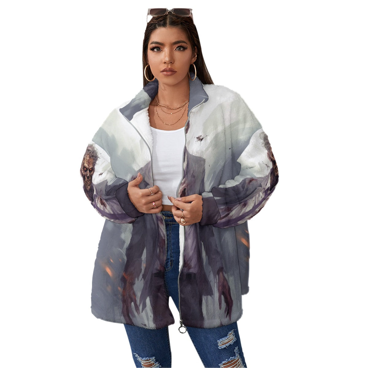 All-Over Print Unisex Borg Fleece Stand-up Collar Coat With Zipper Closure(Plus Size)