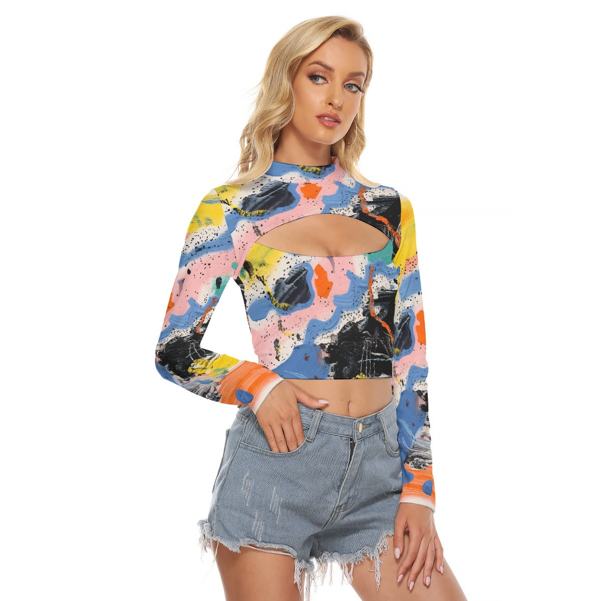 All-Over Print Women's Hollow Chest Keyhole Tight Crop Top