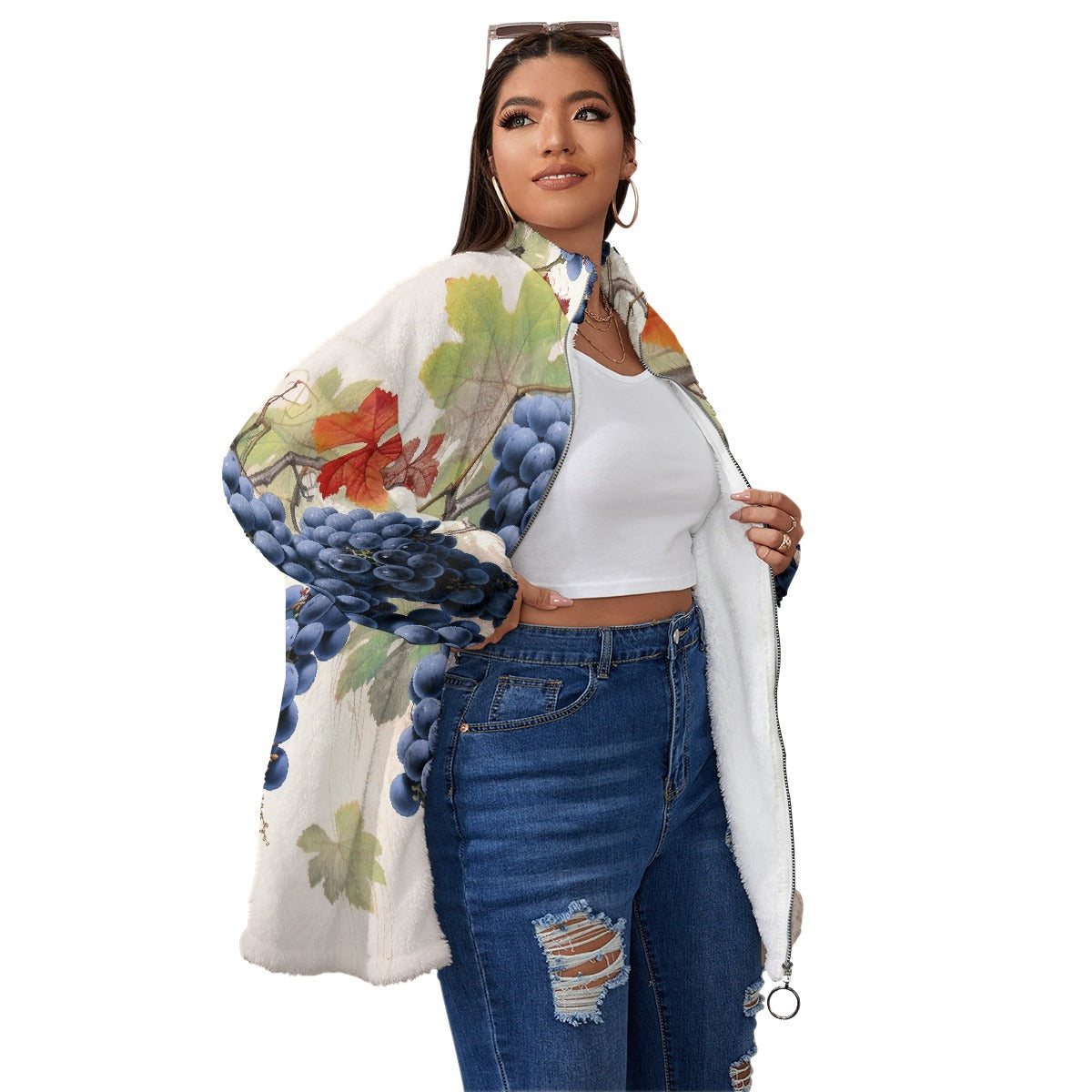 All-Over Print Unisex Borg Fleece Stand-up Collar Coat With Zipper Closure(Plus Size)