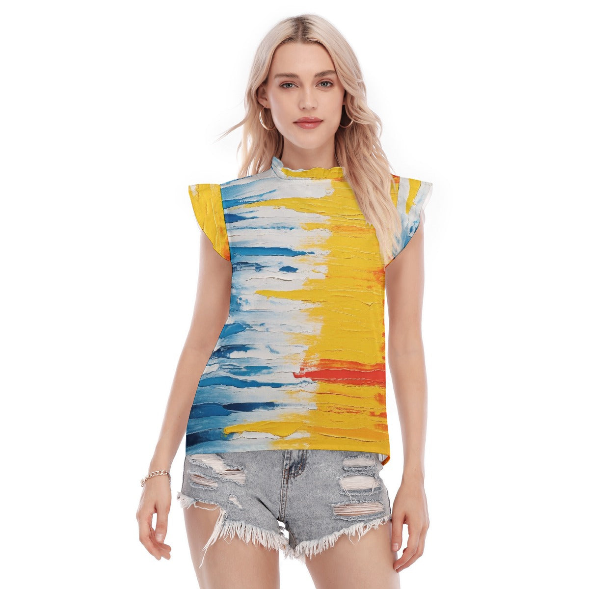 All-Over Print Women's Blouse With Ruffle Collar And Sleeve