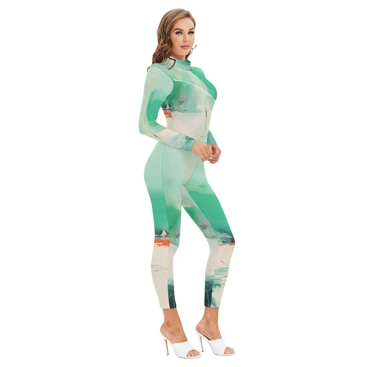 All-Over Print Women's Long-sleeved High-neck Jumpsuit With Zipper