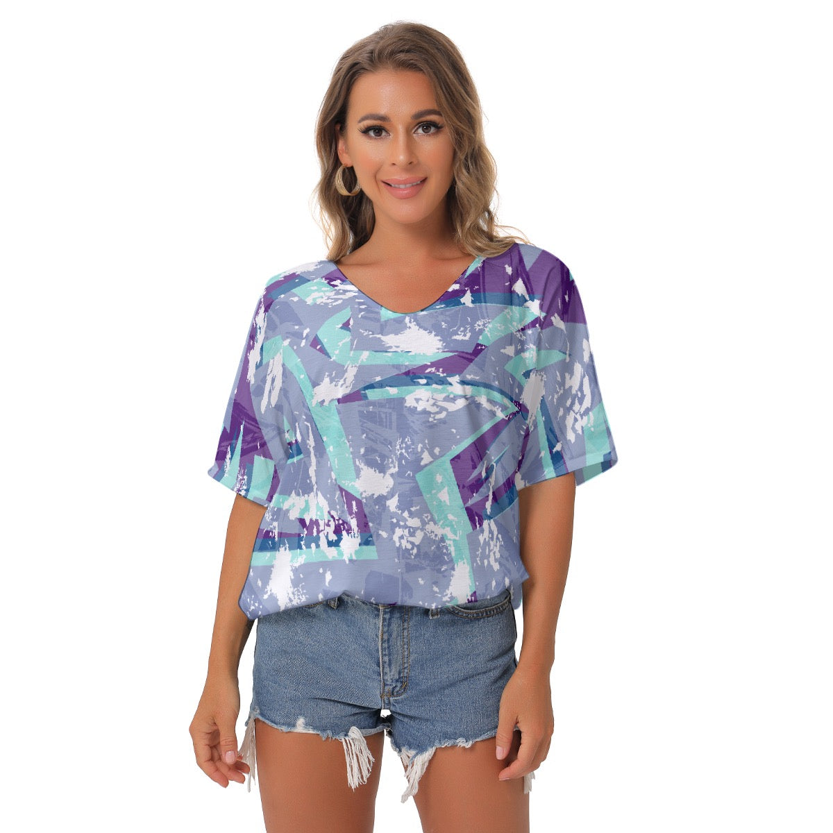 All-Over Print Women's Bat Sleeves V-Neck Blouse