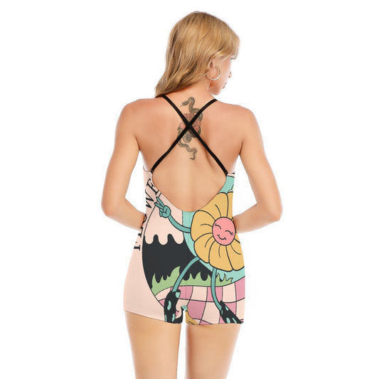 All-Over Print Women's Backless Romper With Black Straps