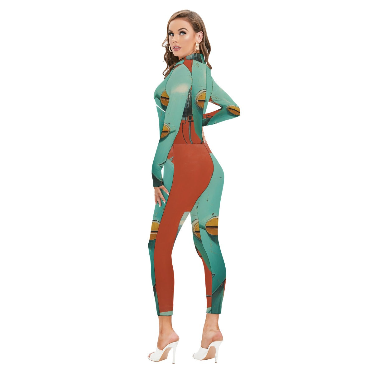 All-Over Print Women's Long-sleeved High-neck Jumpsuit With Zipper