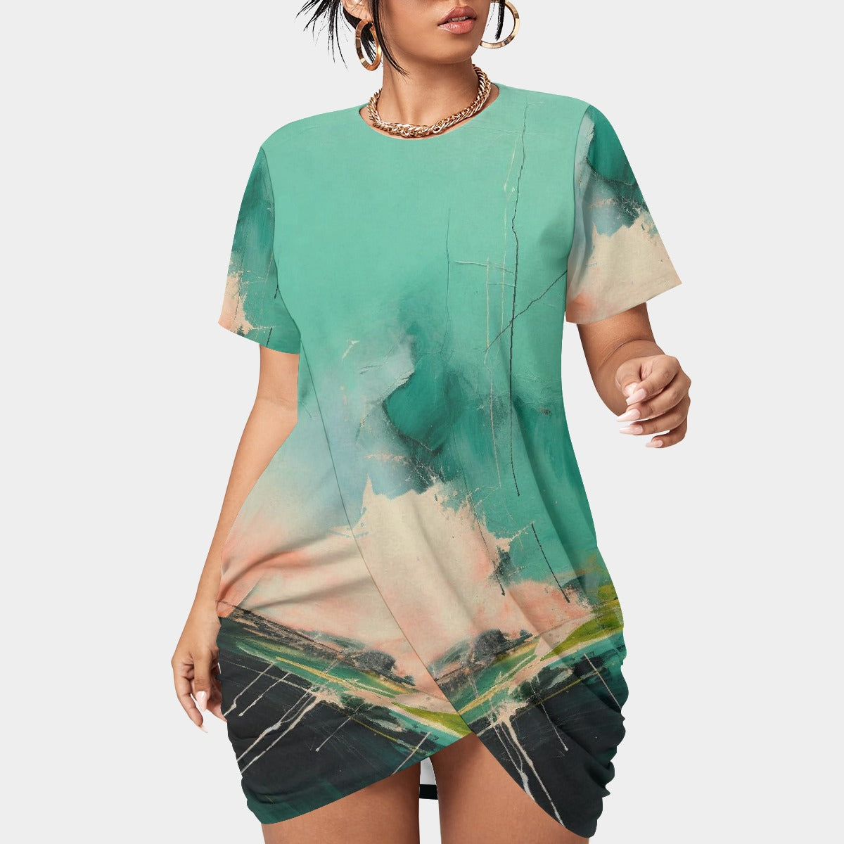 All-Over Print Women’s Stacked Hem Dress With Short Sleeve（Plus Size）