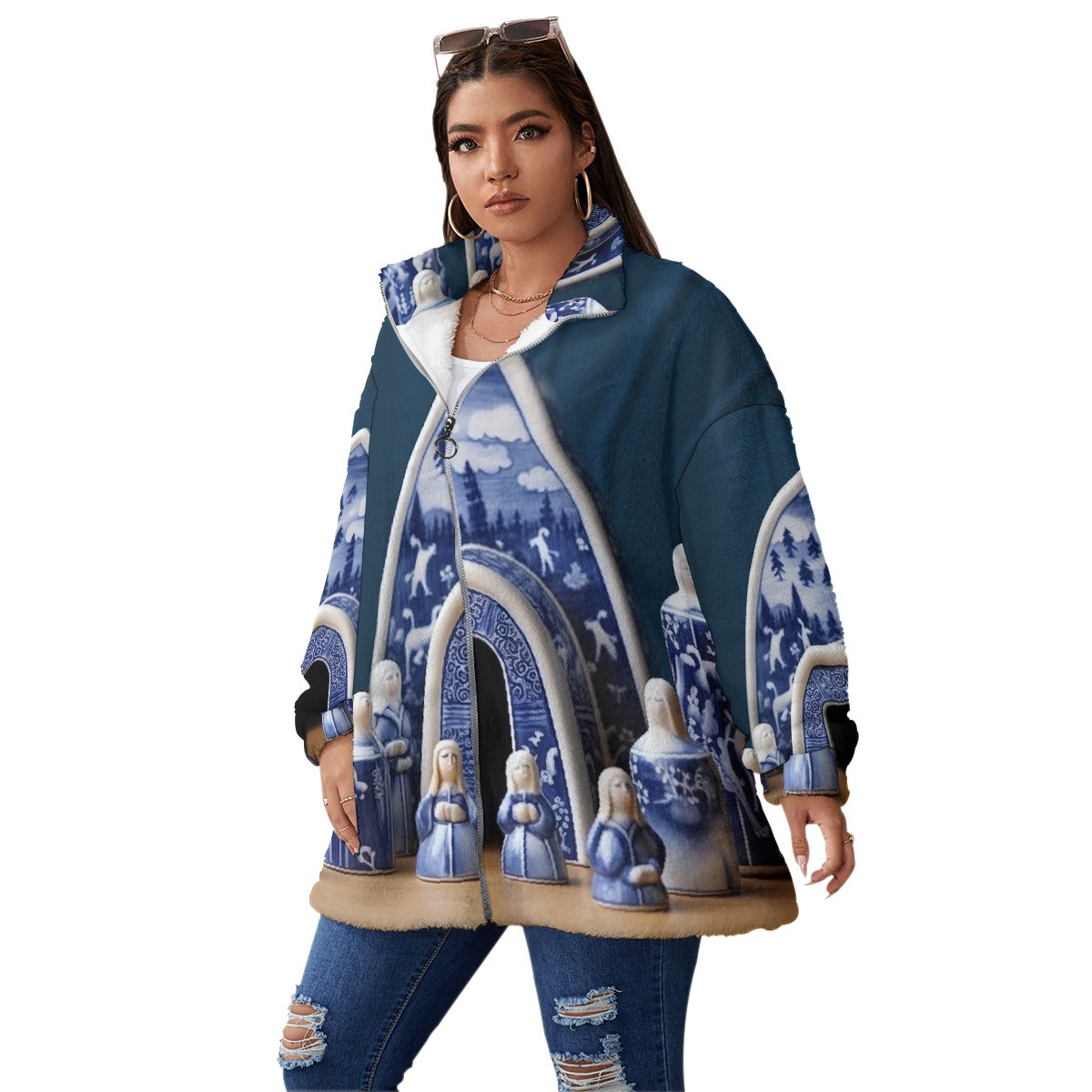 All-Over Print Unisex Borg Fleece Stand-up Collar Coat With Zipper Closure(Plus Size)