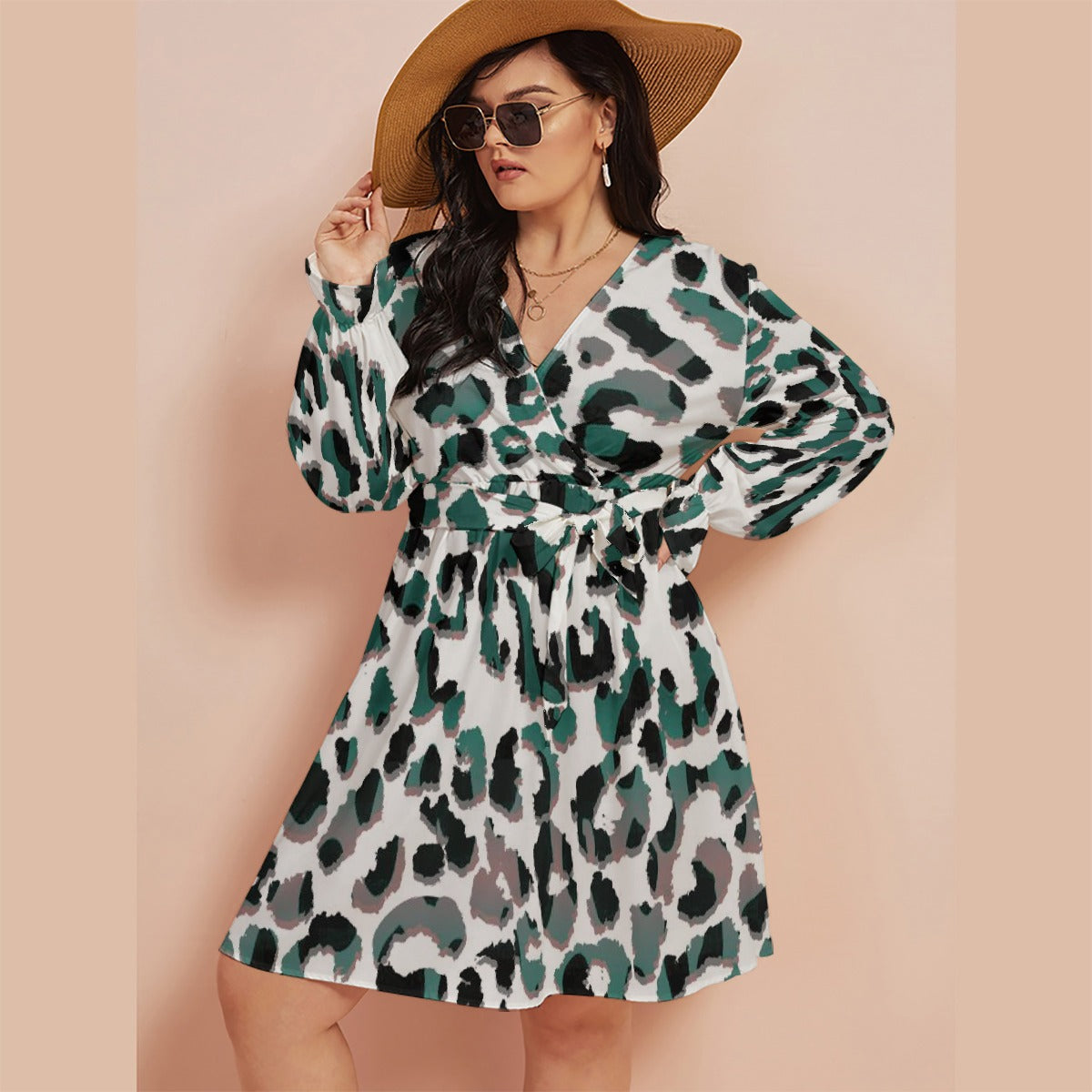 All-Over Print Women's V-neck Dress With Waistband(Plus Size)