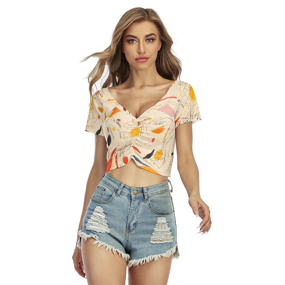 All-Over Print Women's Raglan Drawstring Front  Crop Tee